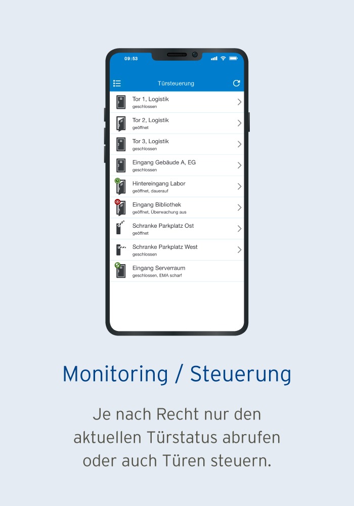 Mobile App Zutrittskontrolle - Funktion Monitoring / Steuerung