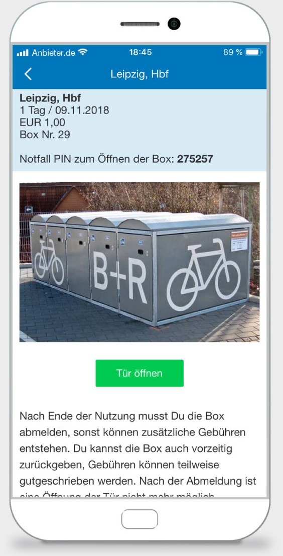 Smartphone App von BikeParkBox mit Abbildung des Modus Tür öffnen für eine Fahrradbox